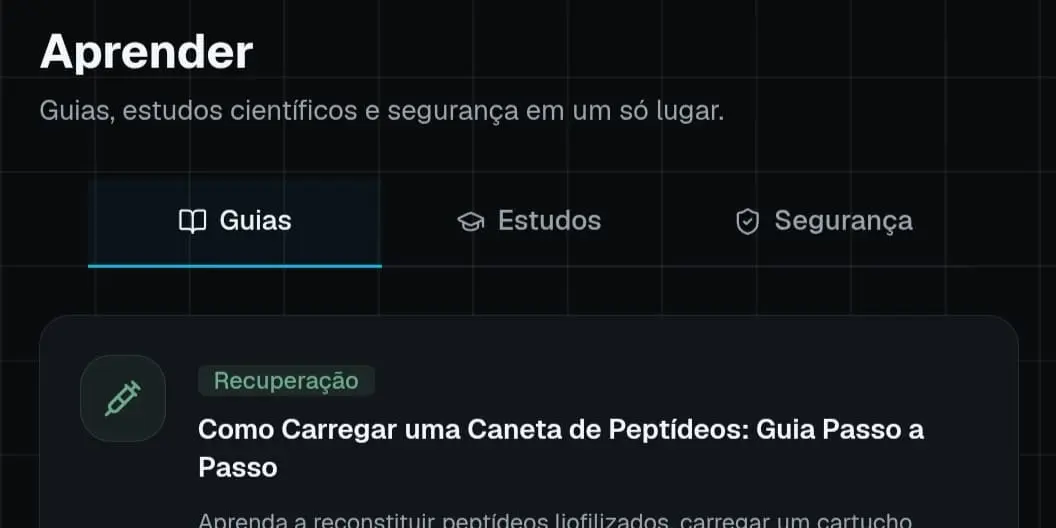 Seção de guias e estudos do Atlas com conteúdo educacional sobre peptídeos