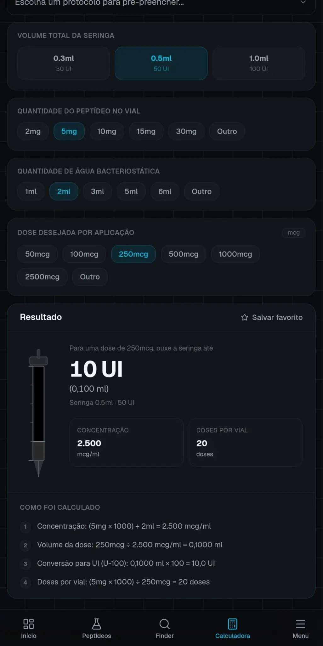 Tela da calculadora de referência do Atlas mostrando o cálculo de reconstituição decomposto passo a passo