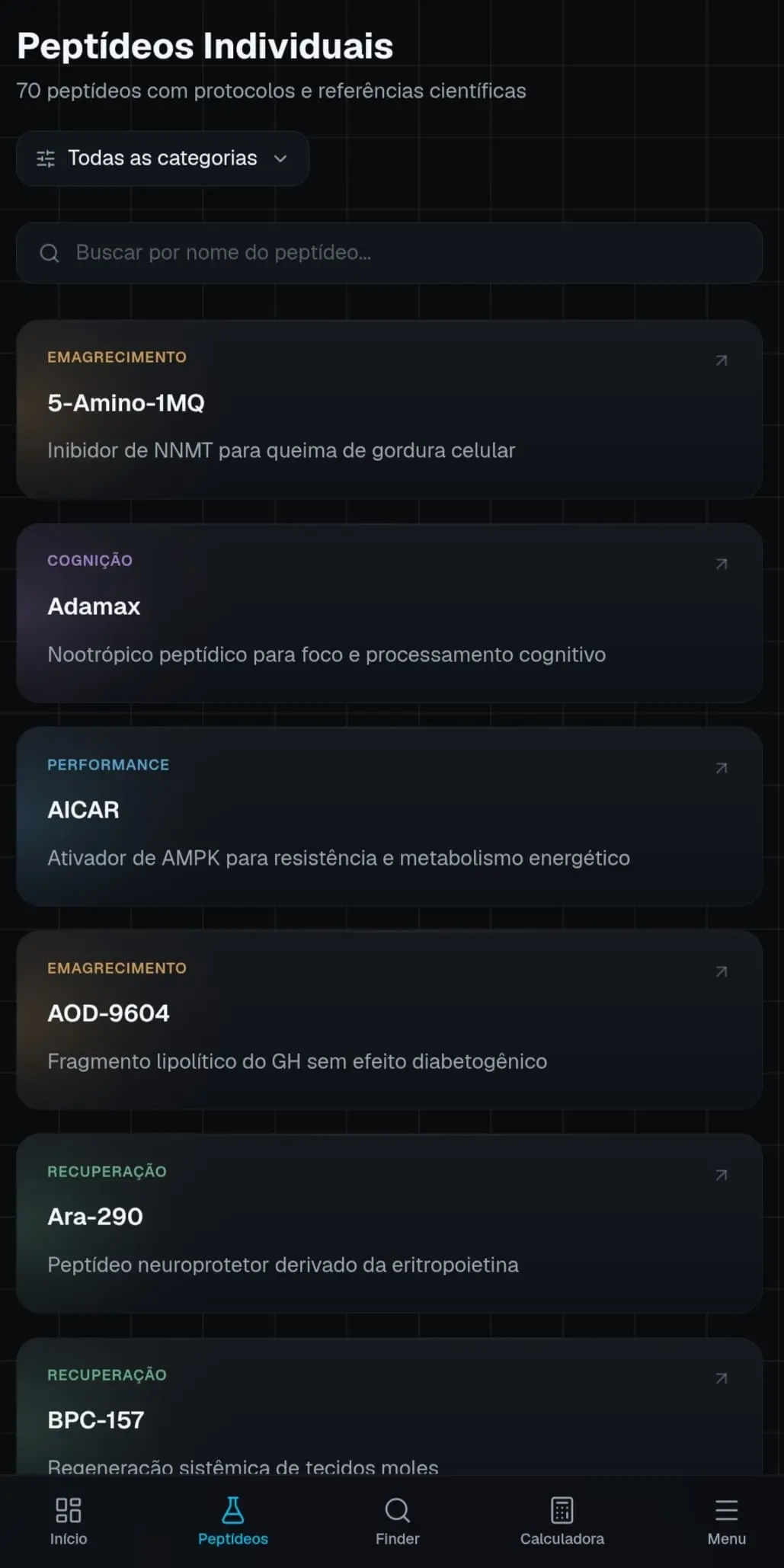Tela da biblioteca de peptídeos do Atlas com a ficha técnica de um composto